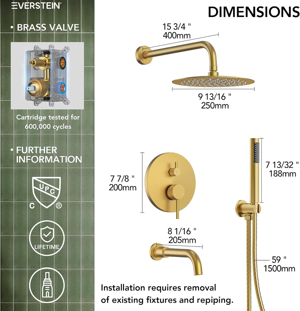 10' High-Pressure Rainfall Shower System with Handheld Spray, Wall Mount Bathroom Shower Faucet Set with Tub Spout, Brushed Gold (Valve Included)