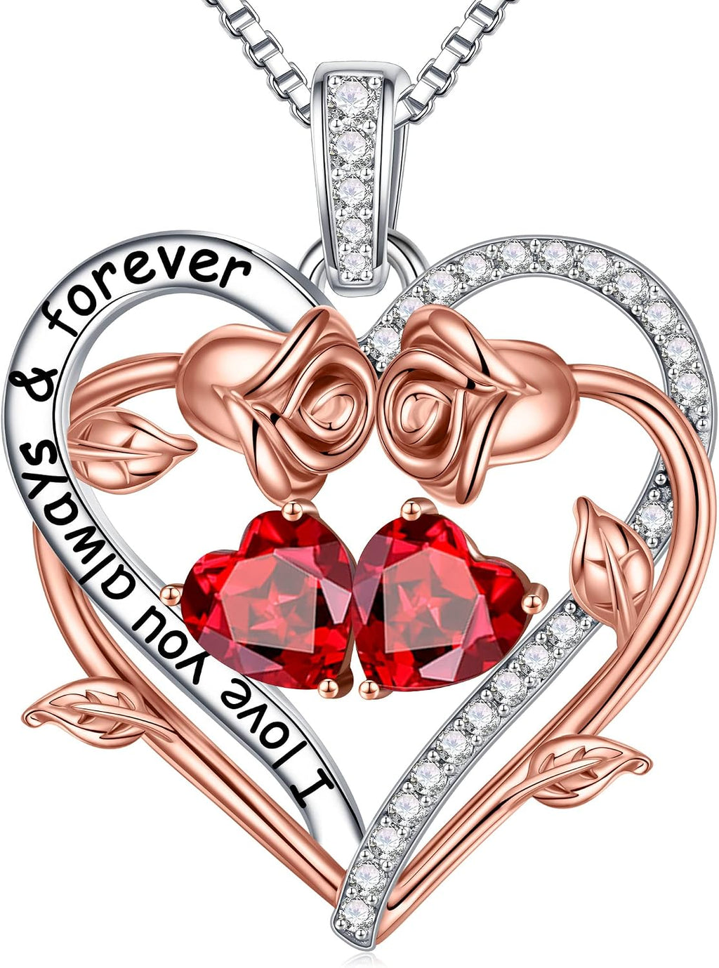 Iefil Rose Heart Double Birthstone Necklace Gifts for Wife Girlfriend Her Women, Birthstone Jewelry Gemstone Birthday Gifts for Mom Grandma Her Wife Women