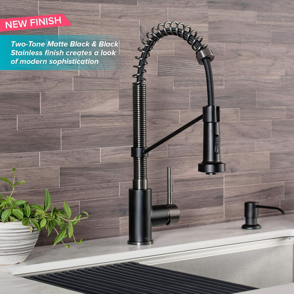 KRAUS Bolden Commercial Style 2-Function Single Handle Pull Down Kitchen Faucet in Matte Black/Black Stainless, KPF-1610MBSB (Pack of 1)