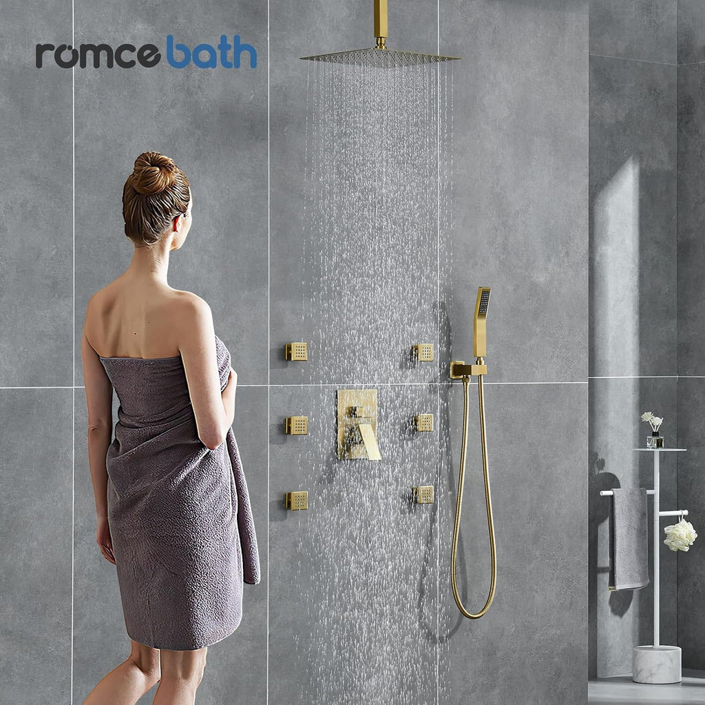 Rain Shower System With Complete 6 Pcs Body Sprays Jets And Pressured Balance Rough-in Valve,12Inch Rainfall Shower Head And Handheld, Modern Brushed Gold Ceiling Mount Shower Faucets Sets