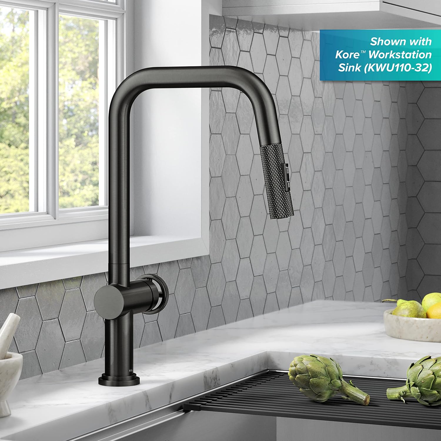 KRAUS Urbix Industrial Pull-Down Single Handle Kitchen Faucet in Black Stainless Steel, KPF-3126SB