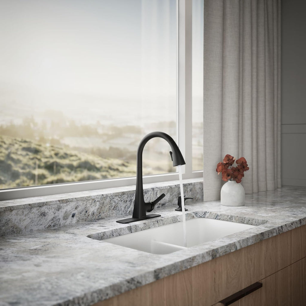 KOHLER R22867-SD-BL Maxton Pull-Down Kitchen Faucet with Soap Dispenser, Pull Down Sprayer, Matte Black