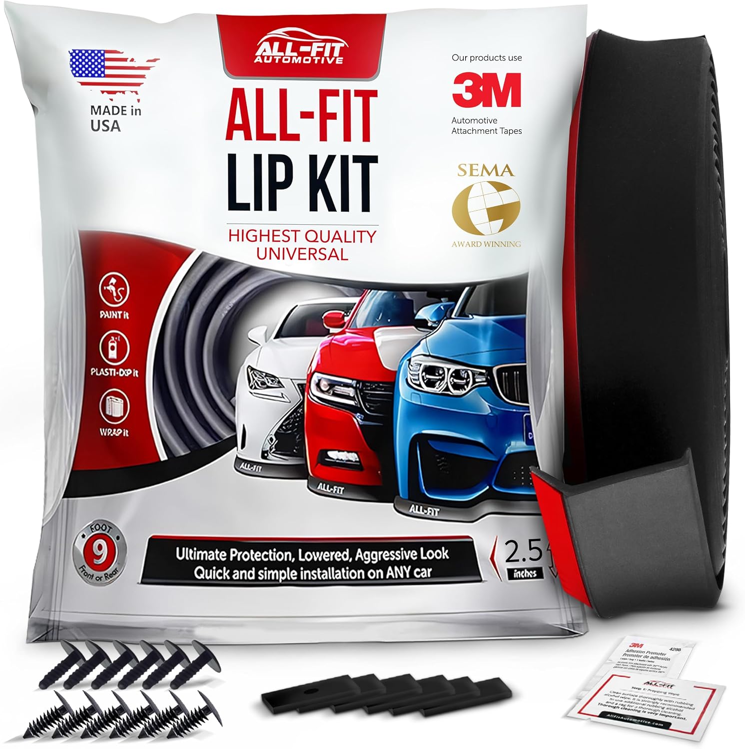 All-Fit Automotive Lip Kit – Universal Fit for Style & Protection – Durable, Flexible Material for Bumpers and/or Side Skirts – Easy-to-Install Automotive Exterior Accessories (2.5' W x 9' L, Red)