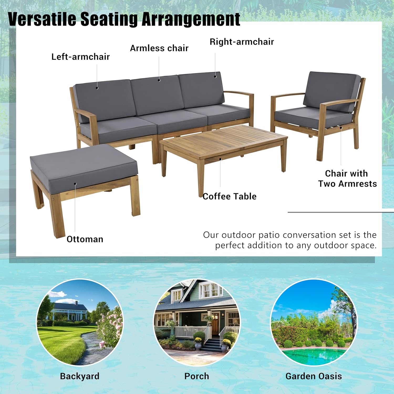 6-Piece Outdoor Patio Conversation Furniture Set, Acacia Wood Sectional Sofa Set with Coffee Table and Removable Cushion for Garden Backyard and Poolside (Grey-CC)