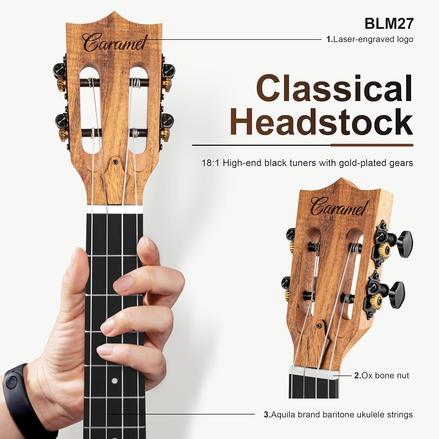Left Handed - Caramel BLM27 Acacia Baritone Acoustic & Electric Ukulele