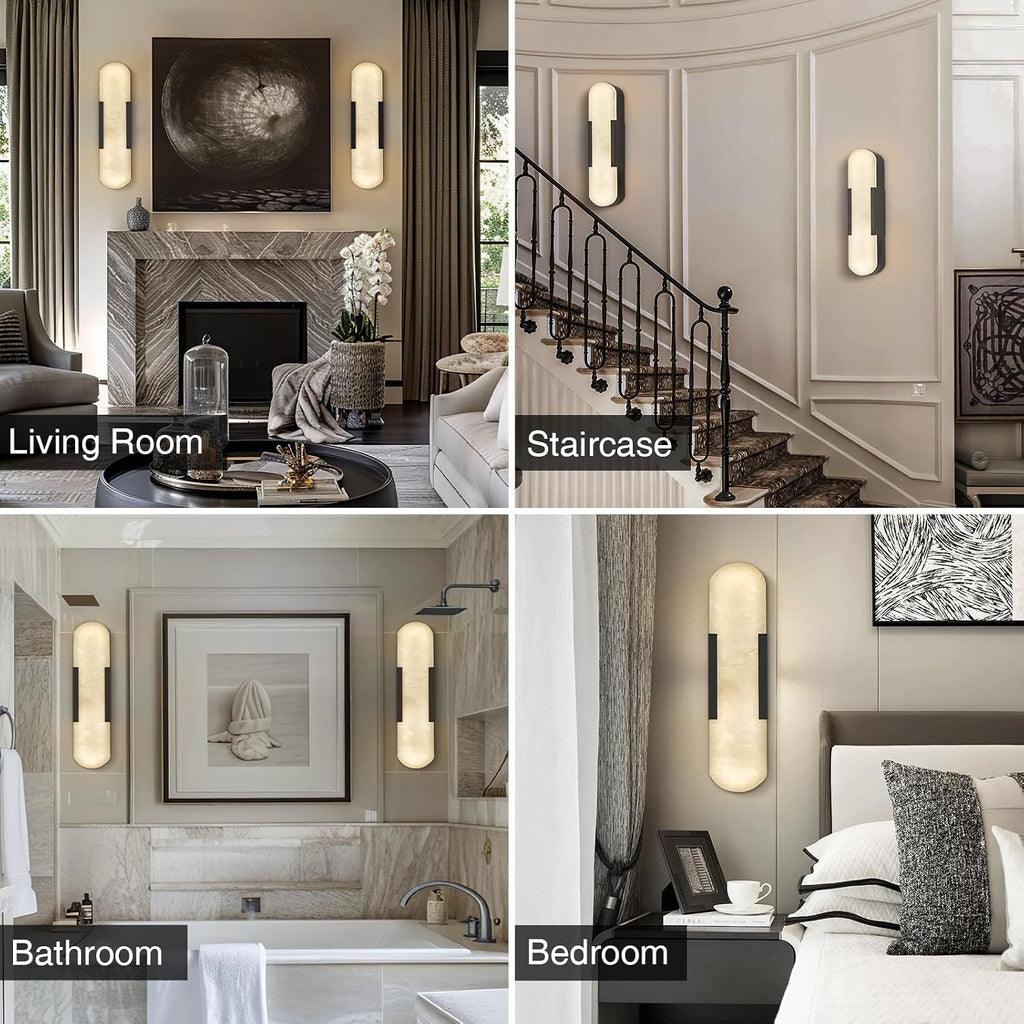 YIOSI 20'' Alabaster Wall Sconces Set of 2, Alabaster Marble Wall Sconce Light, Black Vanity Lights Modern Bedside Wall Lamp for Bathroom Bedroom Hallway Living Room Stairs Fireplace Kitchen