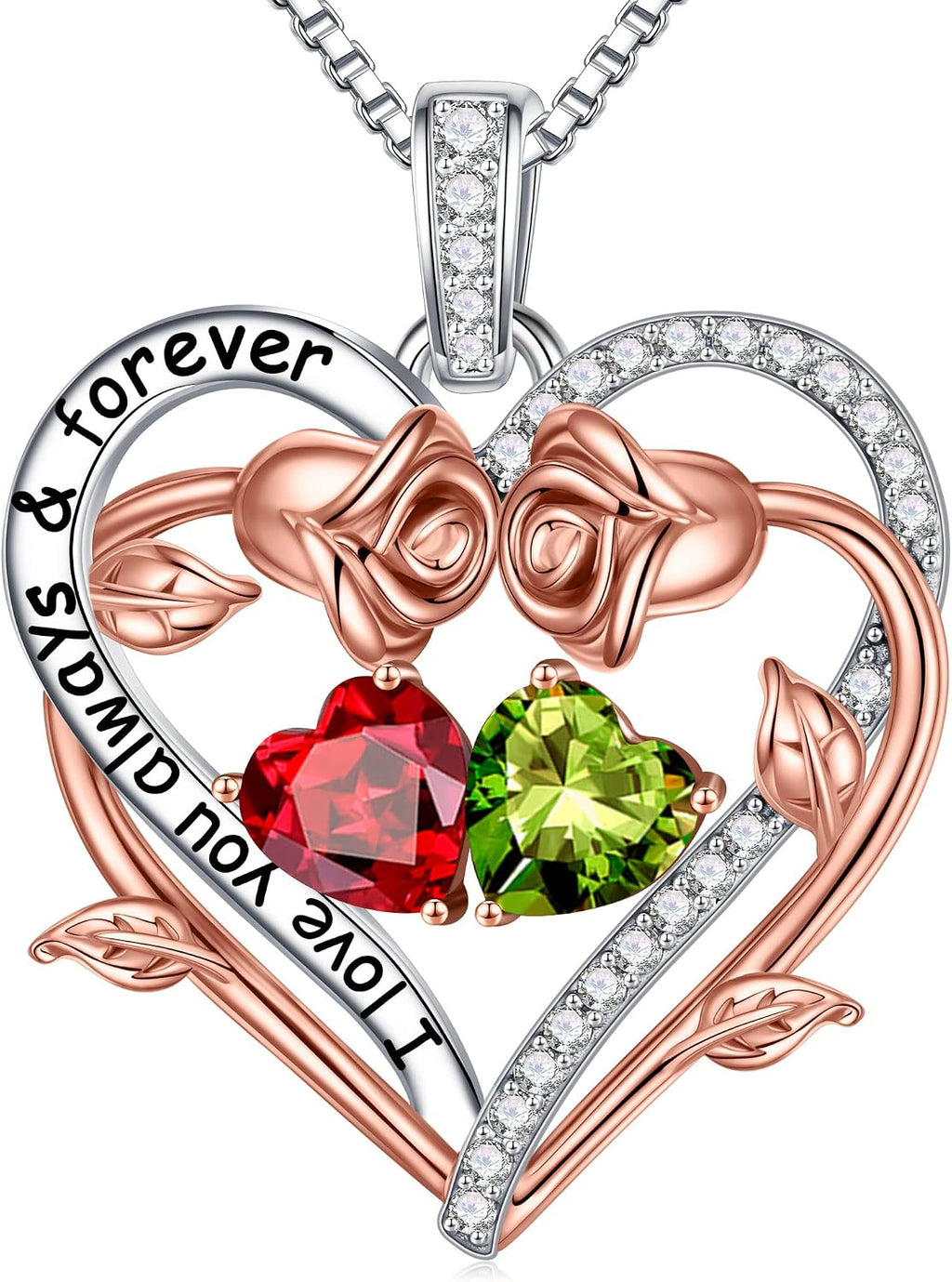 Iefil Rose Heart Double Birthstone Necklace Gifts for Wife Girlfriend Her Women, Birthstone Jewelry Gemstone Birthday Gifts for Mom Grandma Her Wife Women