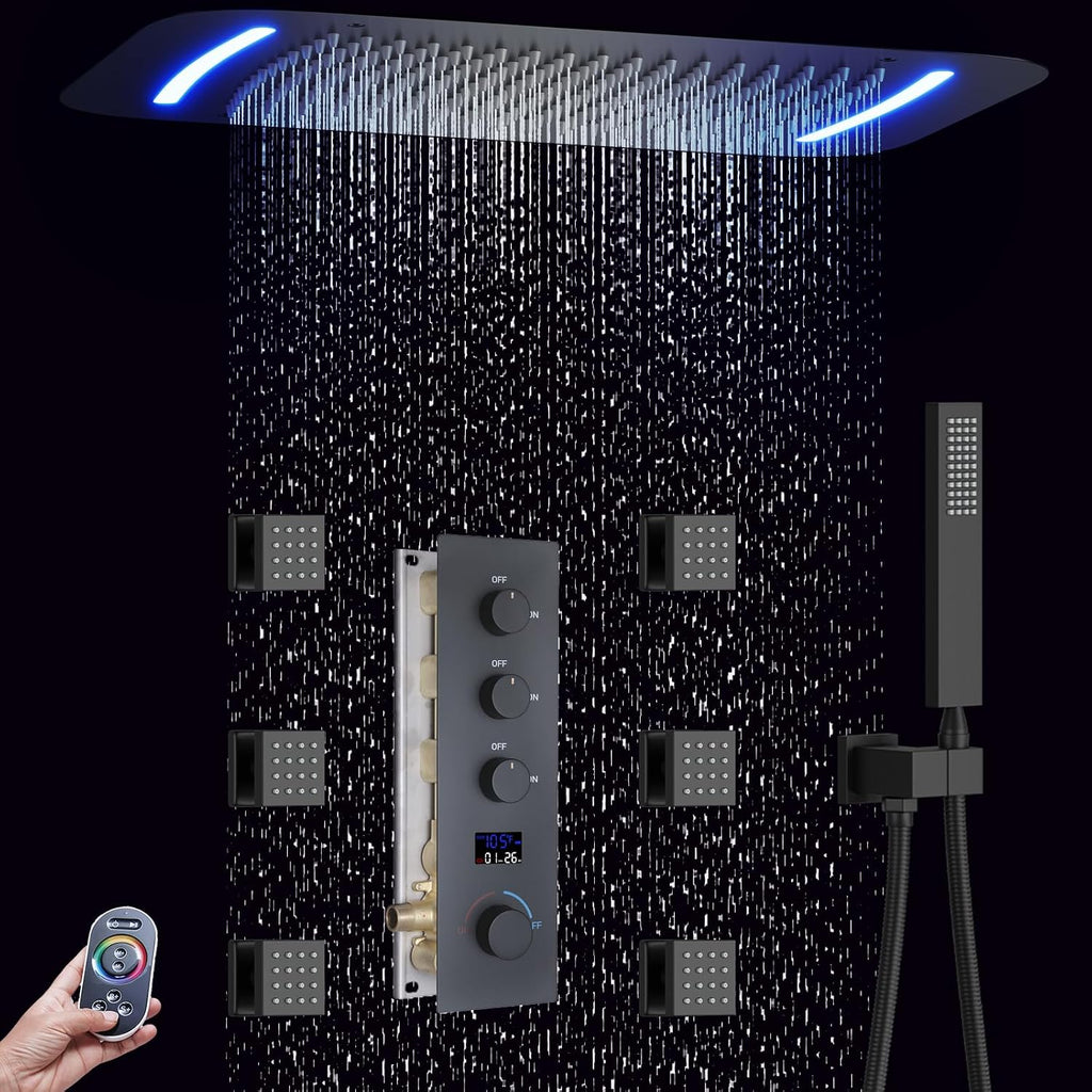 Matte Black Shower System Digital Display Full Body Shower System with 16 x 26 Inch Ceiling Rain LED Shower Head, Handheld Shower and 6 PCS Body Jets