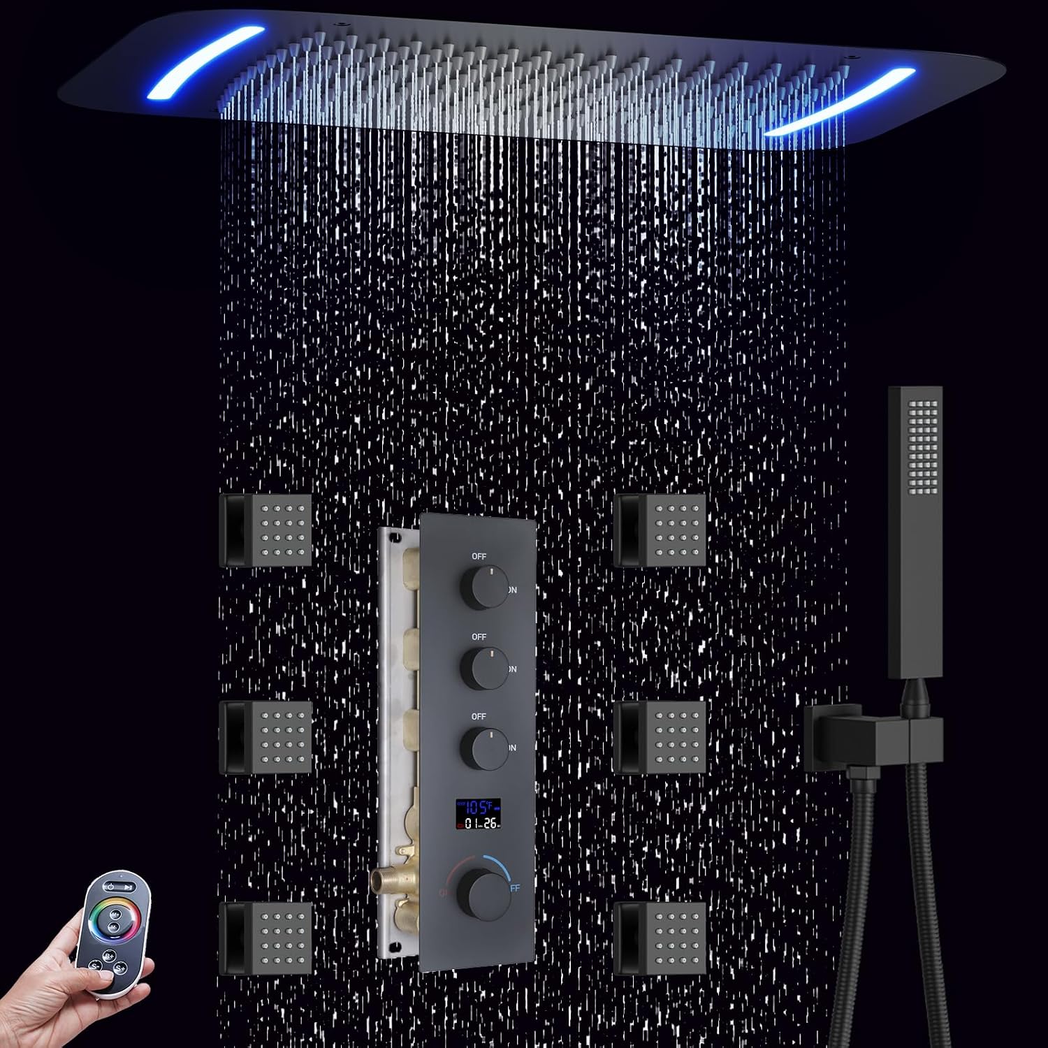 Matte Black Shower System Digital Display Full Body Shower System with 16 x 26 Inch Ceiling Rain LED Shower Head, Handheld Shower and 6 PCS Body Jets
