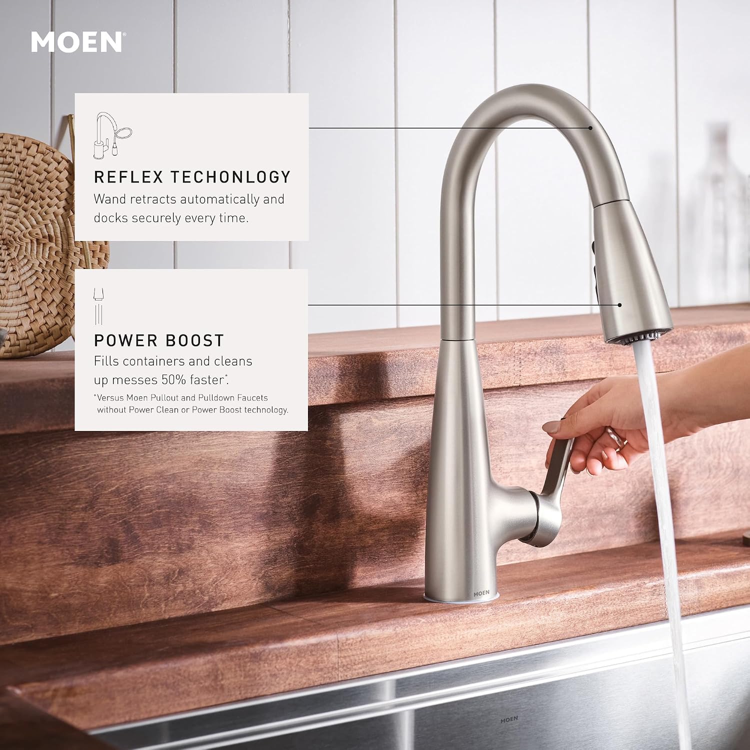 Moen Haelyn Spot Resist Stainless Single-Handle Pull-Down Sprayer Kitchen Faucet Featuring Power Boost for a Faster Clean, Soap Dispenser Included, 87627SRS