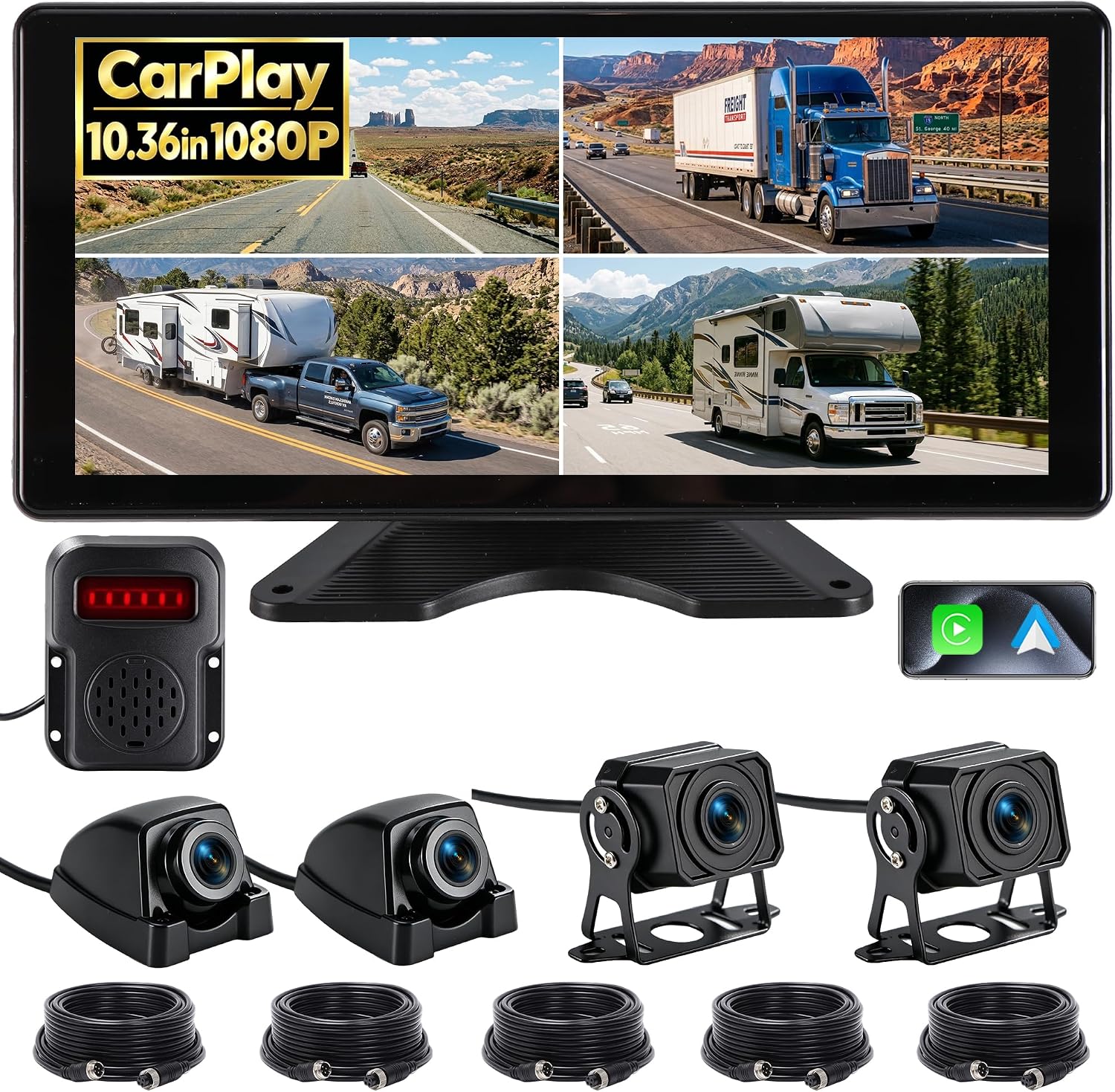 RV Camera System with CarPlay Android Auto 10.36 Inch Touch Monitor | 4 1080P wired IP69 backup cameras, BSD blind spot alert, 24H parking monitor, DVR recording, for semi truck trailer RV camper