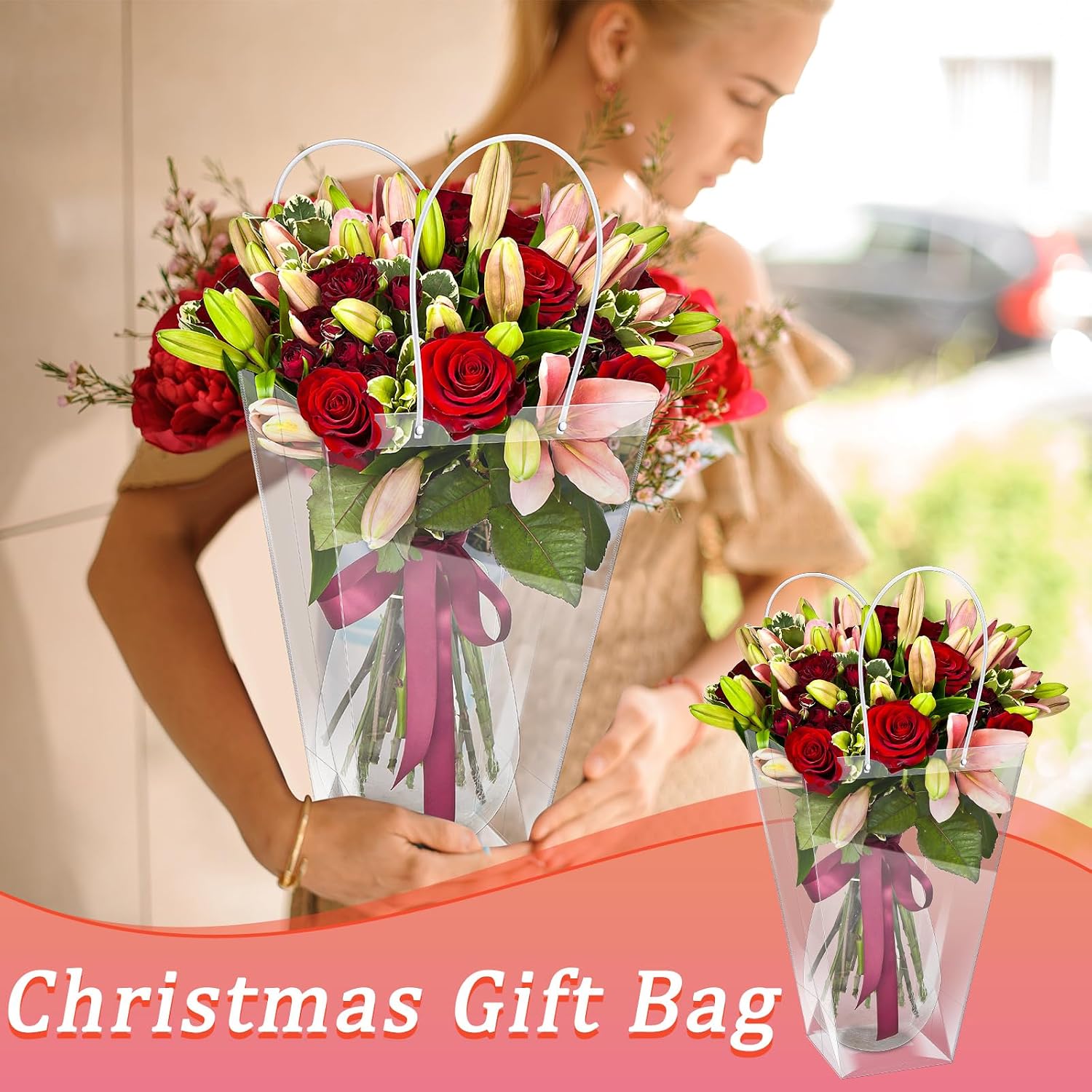 Yexiya 96 Pcs Floral Bags Large Clear Flower Bouquet Bag Bulk with Handle Transparent Florist Wedding Gift Packaging Plastic Gift Birthday Valentine's Mother's Day, 11.4 x 5.9 x 16.7 in (Clear Edge)