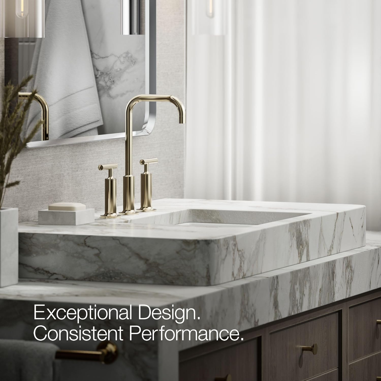 KOHLER K-14408-4-AF Purist® Widespread Bathroom Sink Faucet, 3-Hole, Widespread High Lever Handles and High Gooseneck Spout, 1.2 GPM, Vibrant French Gold