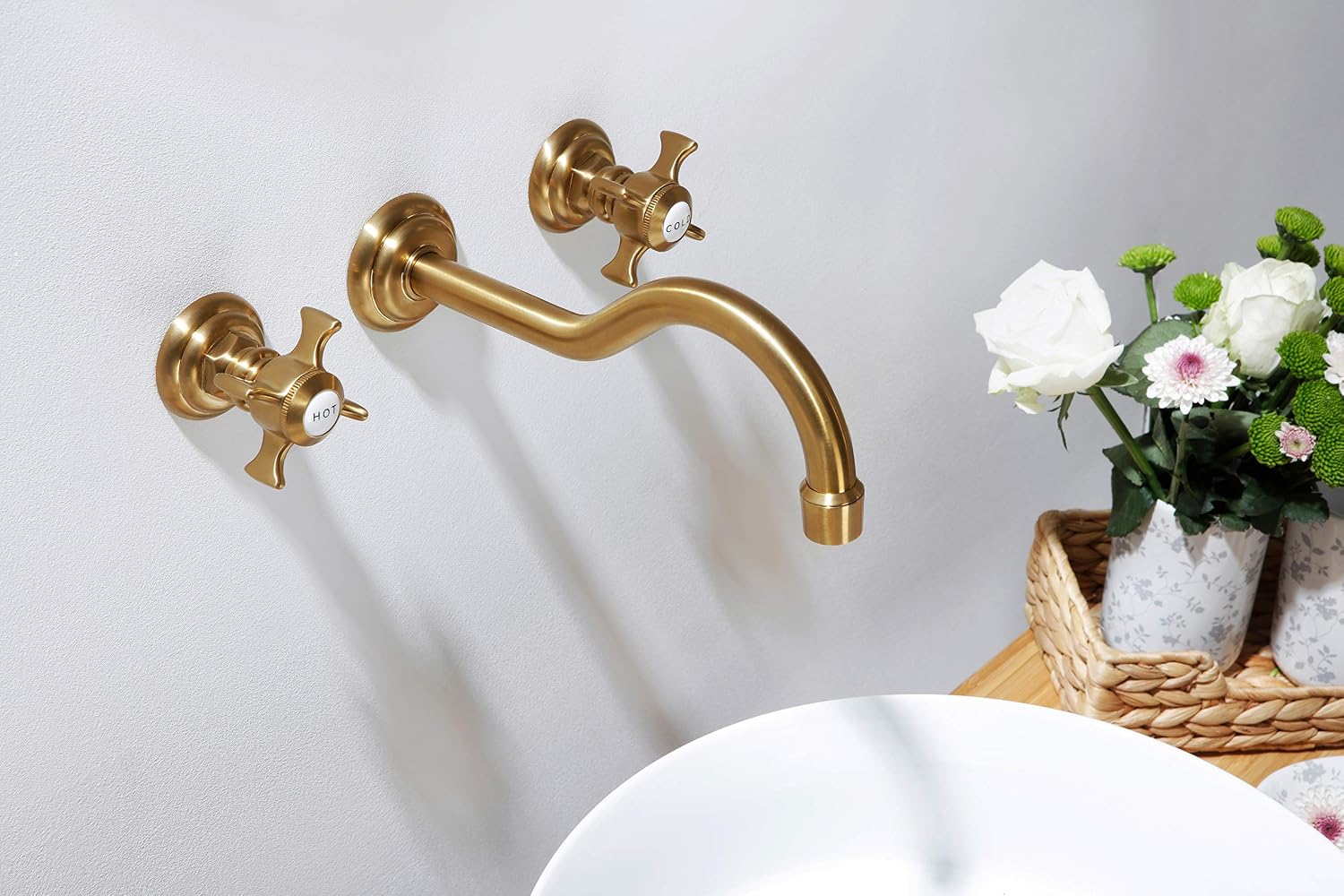 SITGES Antique Wall Faucet,Two Handle Bathroom Sink Wall Mount Faucet with Rough in Valve Included,Gold Brushed