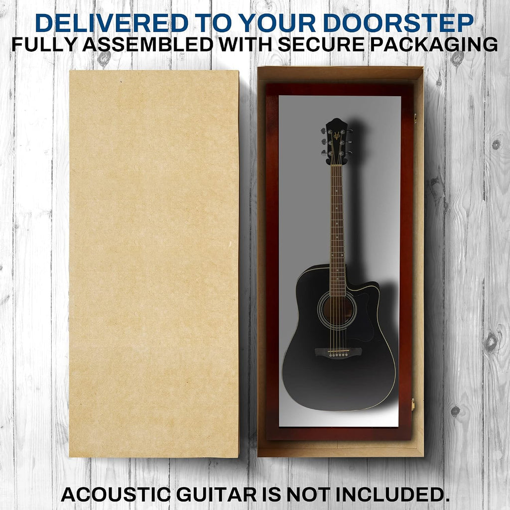 PENNZONI Acoustic Guitar Display Case - Acrylic Acoustic Guitar Case - Guitar Display Case Wall Mount Made from Hardwood Frame & Clear Acrylic - Cherry w/Felt White