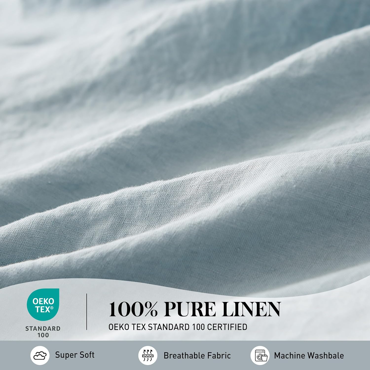 Simple&Opulence 100% Pure Linen Sheet Set Queen Size, Natural French Flax Solid Color 4 Pcs Washed Breathable, Farmhouse Bedding (1 Flat Sheet,1 Fitted Sheet,2 Pillowcases)-Embroidery Dusty Blue