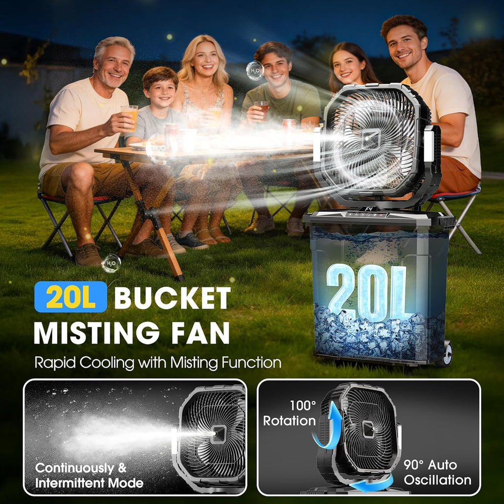 Ausic 5 Gal 12' Portable Misting Fan for Outside Patios, 30000mAh Outdoor Rechargeable Battery Oscillating Fan with Remote, Cooling Dugout Water Fan with Caster/LED Light/Timer, Camping Essential