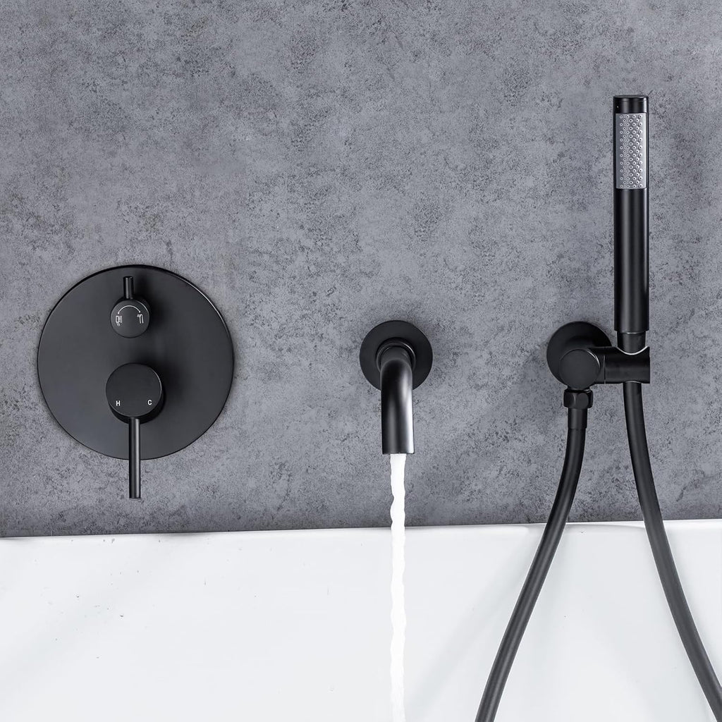 AZOS Wall Mounted Bathtub Faucet with Handheld Shower, High Flow Rate Tub Filler Faucet Set with 360° Swivel Spout Fixtures, Matte Black Tub Faucets