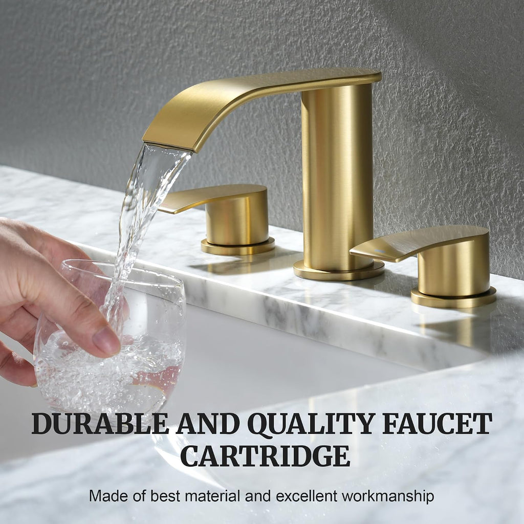 Ultimate Unicorn 8 inch Bathroom Faucet Brushed Gold, Waterfall Bathroom Faucet with Metal Pop-up Sink Drain Stopper and 2 Supply Hoses,2 Handle Widespread Faucets for Vanity Sink 3 Holes (Pack of 2)