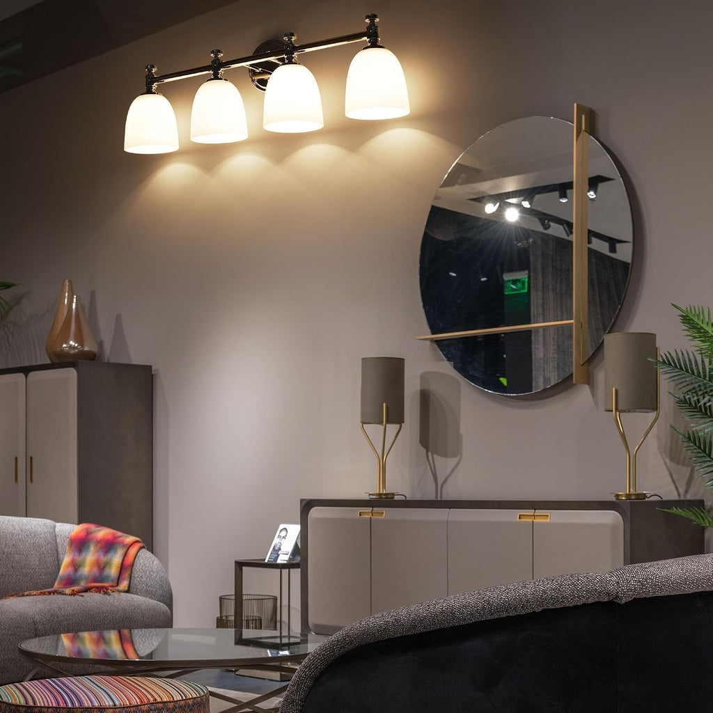 Bathroom Vanity Light, 4-Light Bathroom Light Fixtures Over Mirror, Traditional Vanity Lights for Living Room, Milk White Bell Glass Shades, Standard E26 Base, Polished Nickel