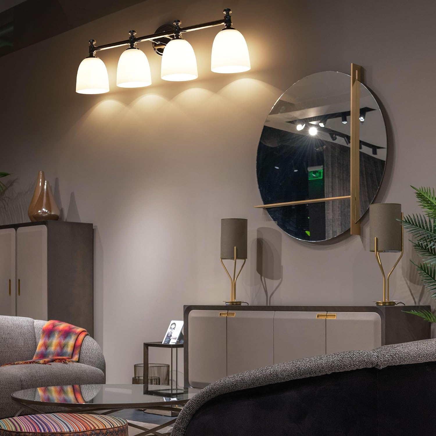 Bathroom Vanity Light, 4-Light Bathroom Light Fixtures Over Mirror, Traditional Vanity Lights for Living Room, Milk White Bell Glass Shades, Standard E26 Base, Polished Nickel