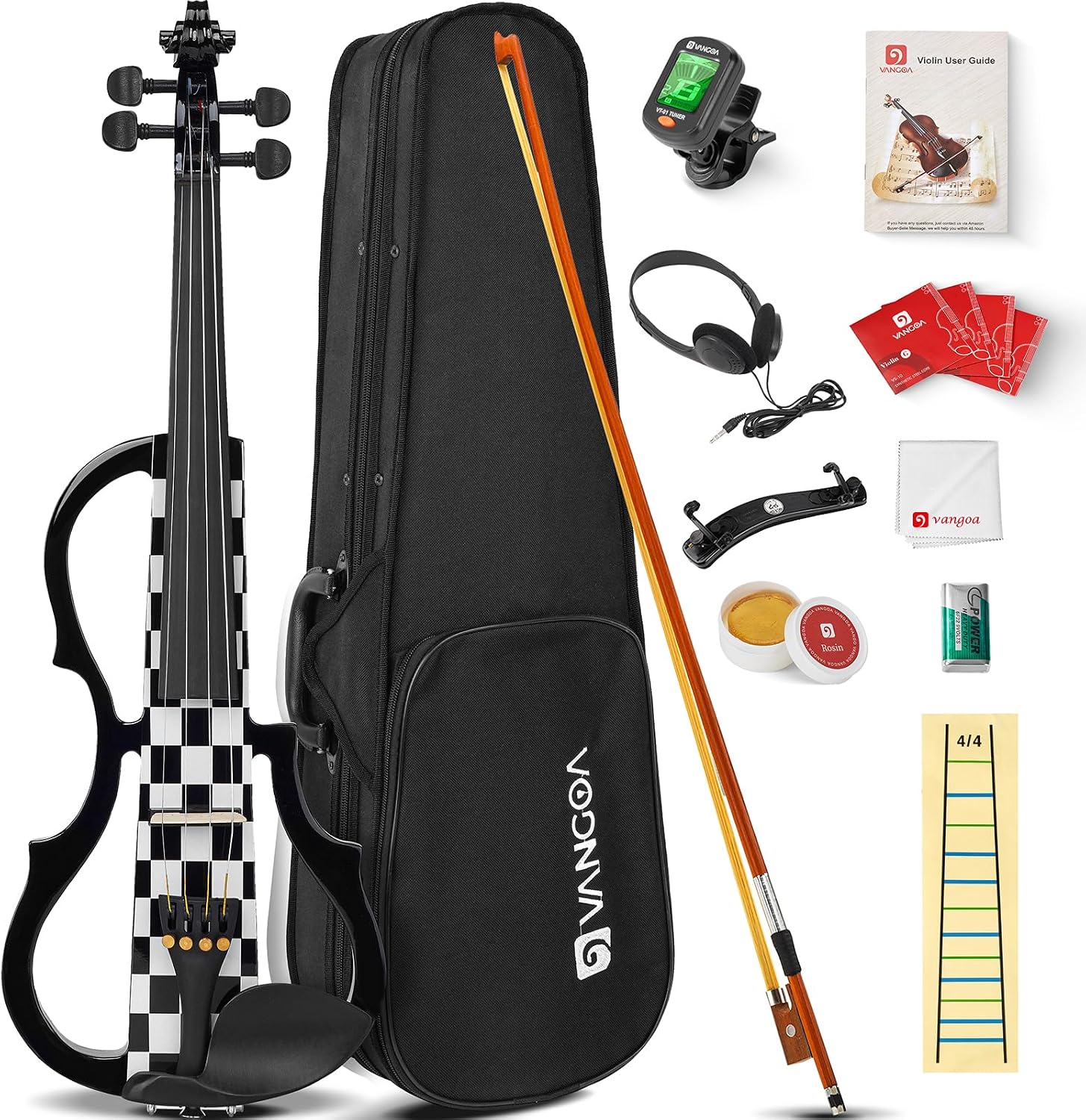 Vangoa LEFT HANDED Electric Violin 4/4 Full Size, Silent Electronic Violin Fiddle for Lefty with Solid Maple Wood Metallic, Ebony Fittings for Beginners Adults Teens Youth Students, Black