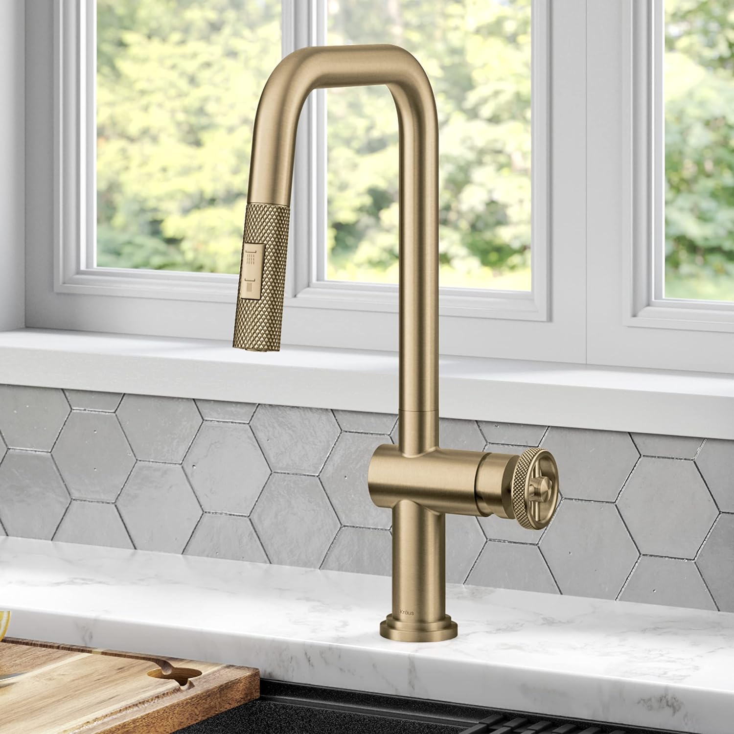KRAUS Urbix Industrial Pull-Down Single Handle Kitchen Faucet in Brushed Gold, KPF-3126BG