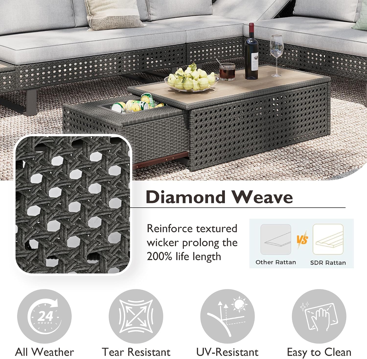 Boho Patio Furniture Set with Small Outdoor Table, Patio Bar Set w/ Sillas para Balcon, Sillas para Patio Exterior, Adjustable Backrest, Ice Bucket Table, All-Weather Wicker (Grey+Brown+Yellow)
