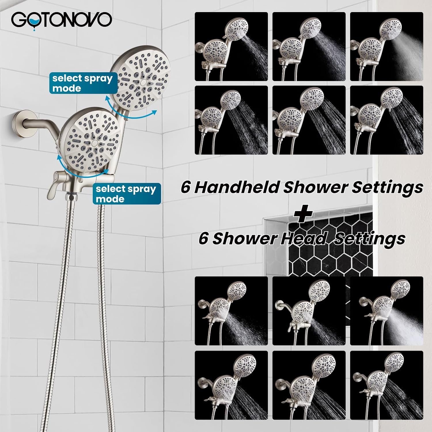gotonovo Tub Shower Faucet Set,2 in 1 Dual Shower Head and Handle Set with Tub Spout Wall Mount Bathroom Shower Trim Kit with 3-way Water Diverter Valve Included Various Modes Brushed Nickel