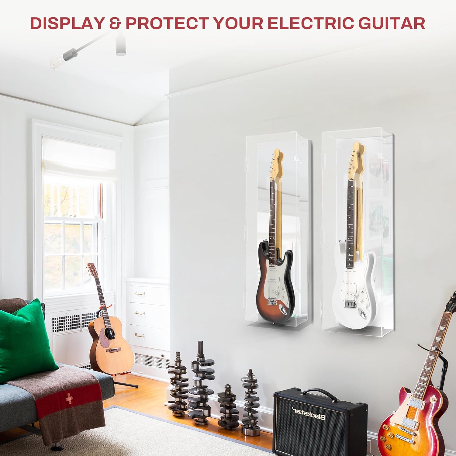 PENNZONI Electric Guitar Display Case - Fully Acrylic Electric Guitar Case With Mirror Back - Horizontal Guitar Display Case Wall Mount, Guitar Wall Case Made from Clear Acrylic