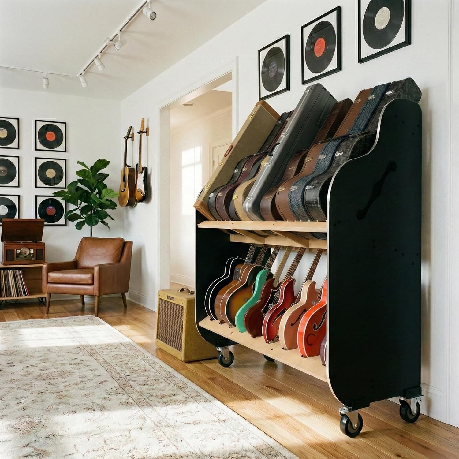 A&S Crafted Products Double-Stack Combo Guitar & Case Rack - The Session-Pro | Mobile 2-Tier Stand | Made in U.S.A.
