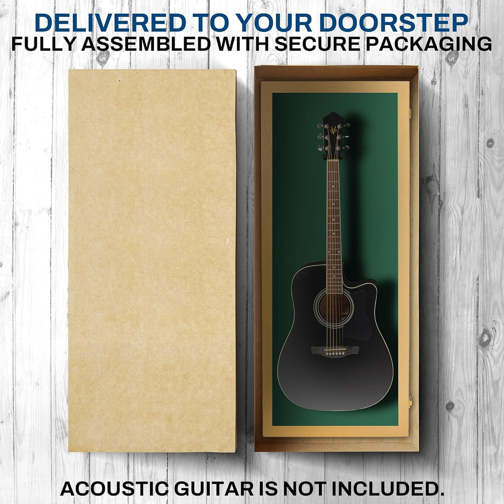 PENNZONI Acoustic Guitar Display Case - Acrylic Acoustic Guitar Case - Guitar Display Case Wall Mount Made from Hardwood Frame & Clear Acrylic - Golden Oak w/Felt Green