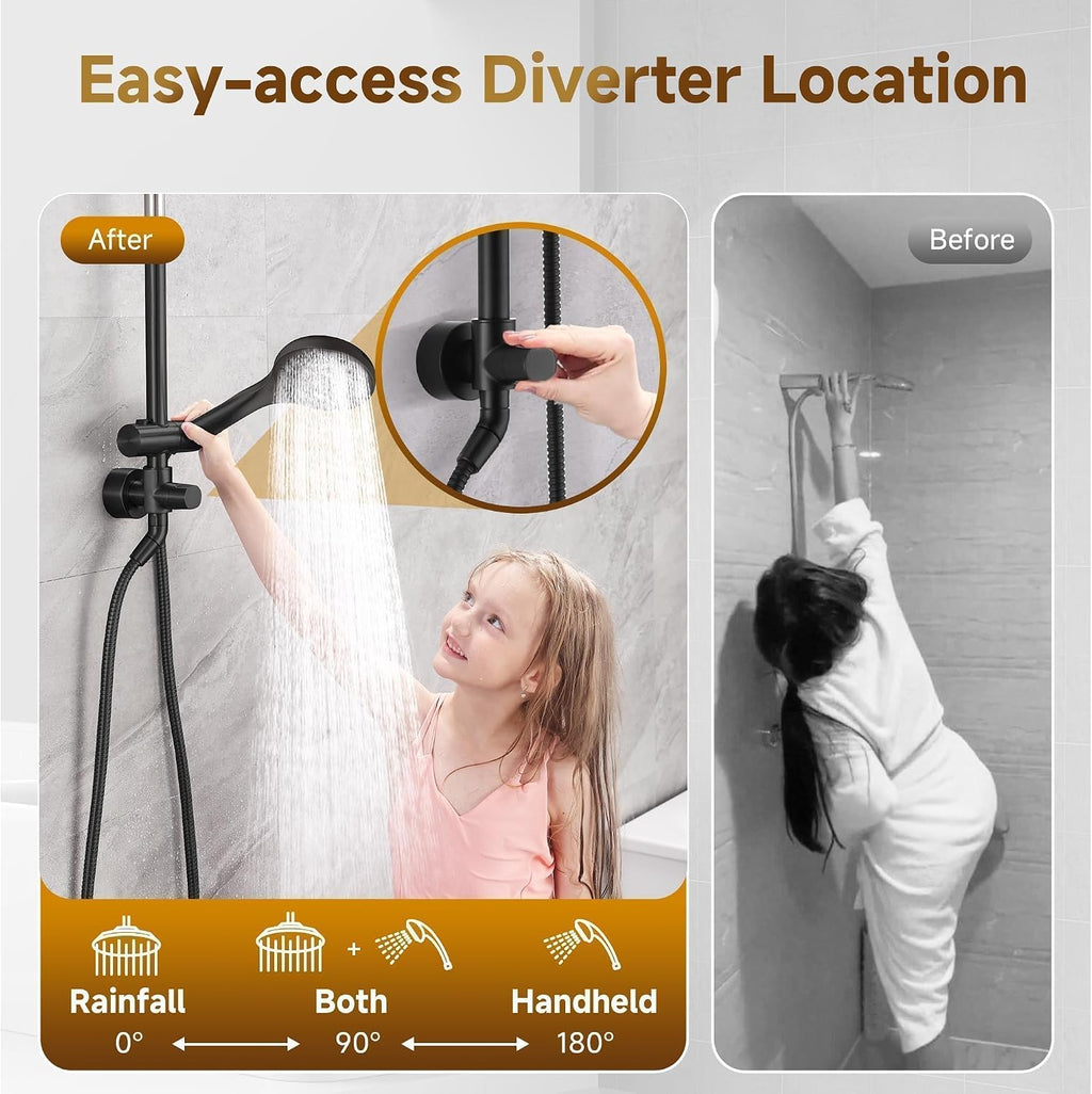 BRIGHT SHOWERS Rain Shower System Combo - 9 Inch Rainfall & Handheld Shower Heads with Power Wash, Solid Brass Rail, Height Adjustable Holder, 60 Inch Long Stainless Steel Hose, Matte Black