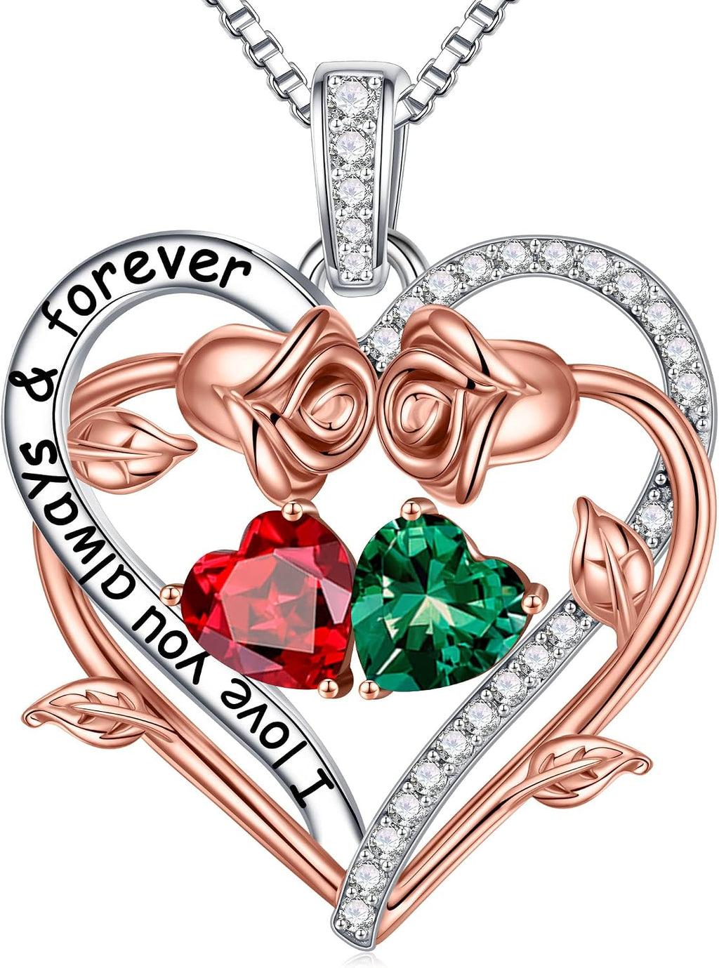 Iefil Rose Heart Double Birthstone Necklace Gifts for Wife Girlfriend Her Women, Birthstone Jewelry Gemstone Birthday Gifts for Mom Grandma Her Wife Women