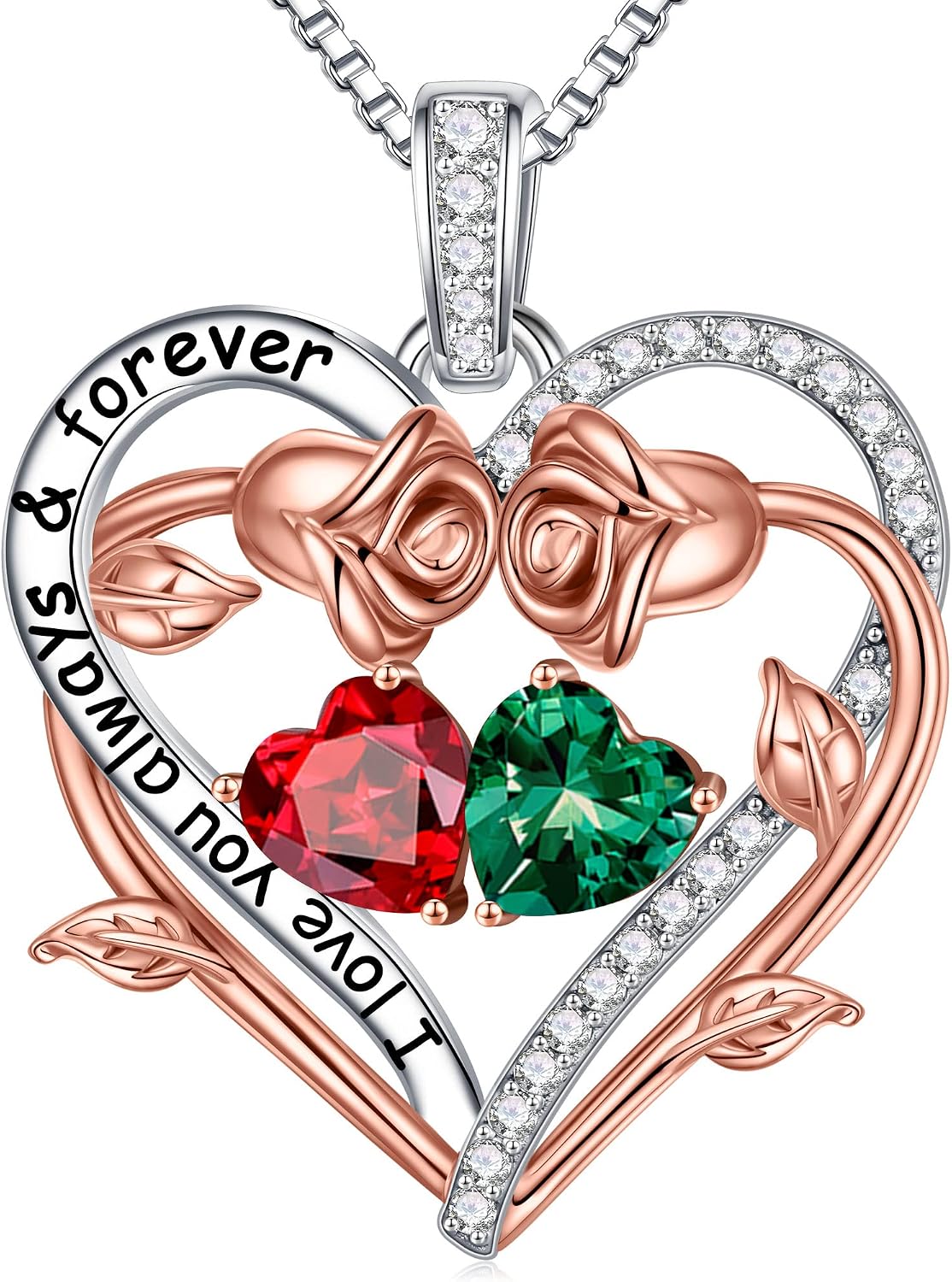 Iefil Rose Heart Double Birthstone Necklace Gifts for Wife Girlfriend Her Women, Birthstone Jewelry Gemstone Birthday Gifts for Mom Grandma Her Wife Women