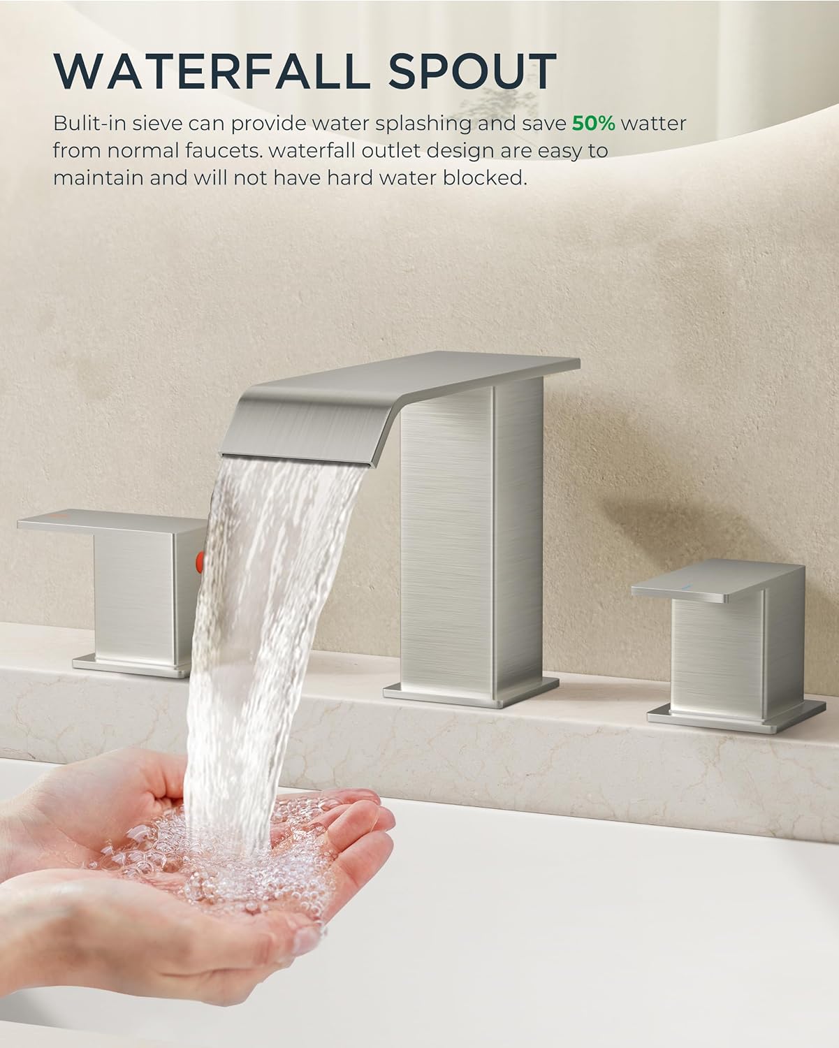 FORIOUS Widespread Bathroom Sink Faucet 3 Hole Brushed Nickel, 2 Handles Waterfall Bathroom Faucet with Metal Pop-up Drain and 24' Hot and Cold Water Hoses, Suitable for Vanity RV Restroom, 2 Pack