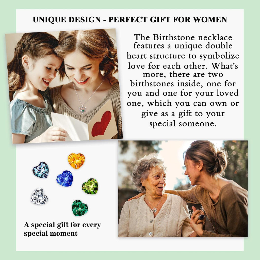 Iefil Rose Heart Double Birthstone Necklace Gifts for Wife Girlfriend Her Women, Birthstone Jewelry Gemstone Birthday Gifts for Mom Grandma Her Wife Women