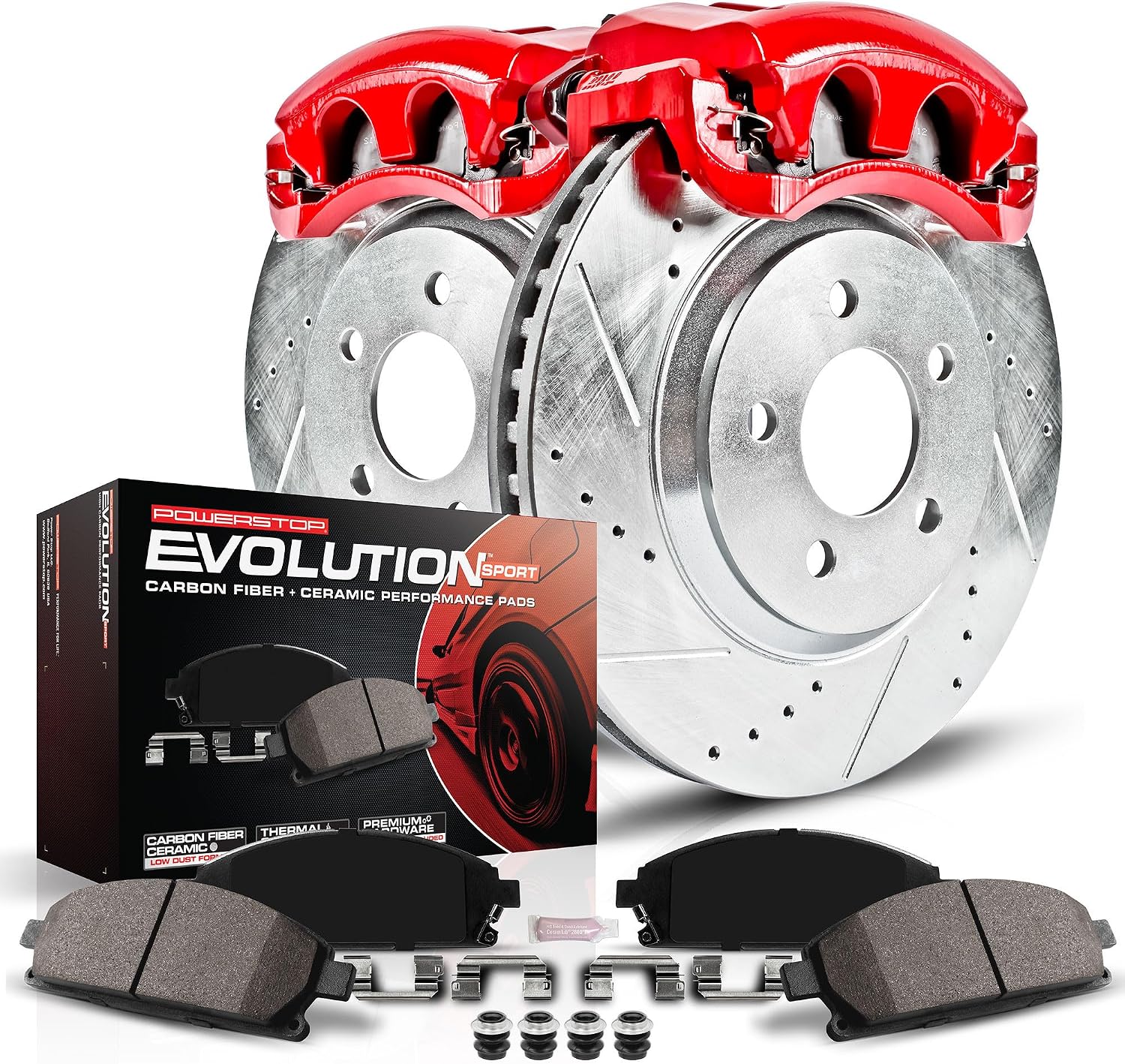 PowerStop Front Brake & Caliper Kit for Toyota Sequoia 2008-15 | Toyota Tundra 2007-15 - Carbon-Fiber Ceramic Brake Pads + Drilled & Slotted Rotors + Red Powder Coated Calipers, KC2952A