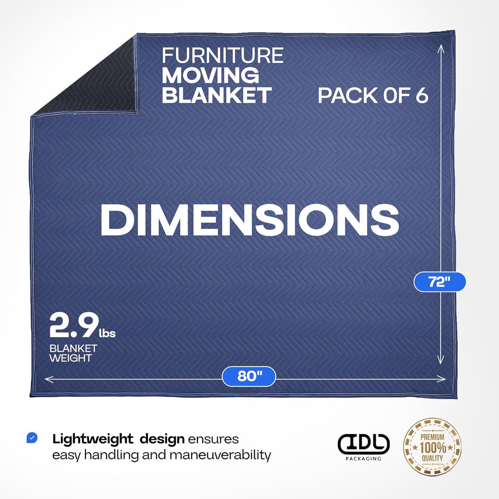 Large Moving Blanket 80' x 72', Blue/Black Color (Pack of 6) - Heavy-Duty Furniture Pad for Moving & Wrapping - Thick Packing Blanket for Furniture Protection - Padded Mover Cover by IDL Packaging