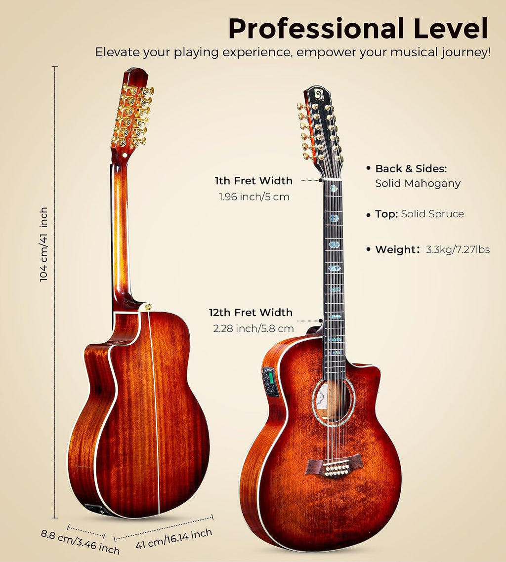 Vangoa 12 String Guitar Solid Wood, Twelve String Acoustic Electric Guitar Kit with Premium Spruce Top, Mahogany Body, Upgraded EQ, Bone Nut, Saddle, Classical Brown