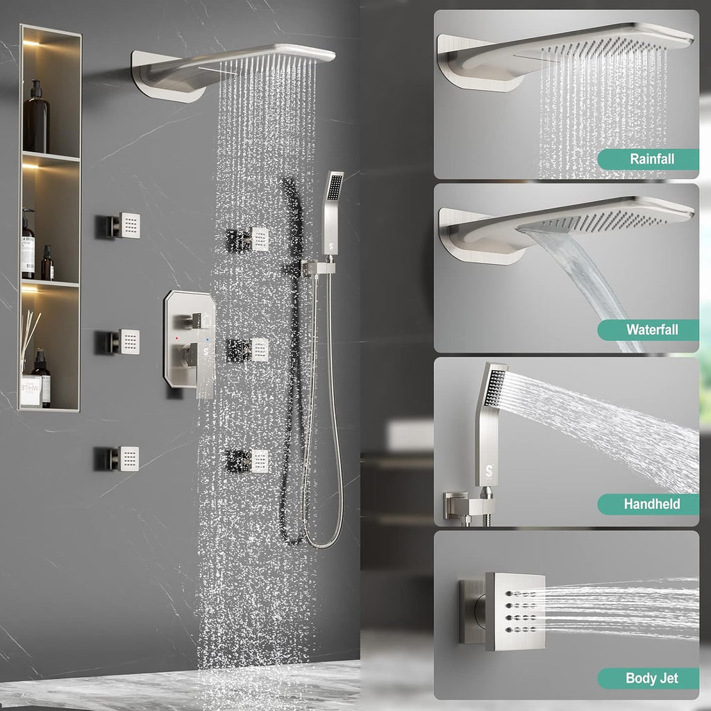 4-Function Waterfall Shower System with Body Jets, SR SUN RISE Full Body Rainfall Shower System with Handheld Shower Faucet Complete Sets, Wall Mounted Shower Fixture Set for Bathroom, Brushed Nickel