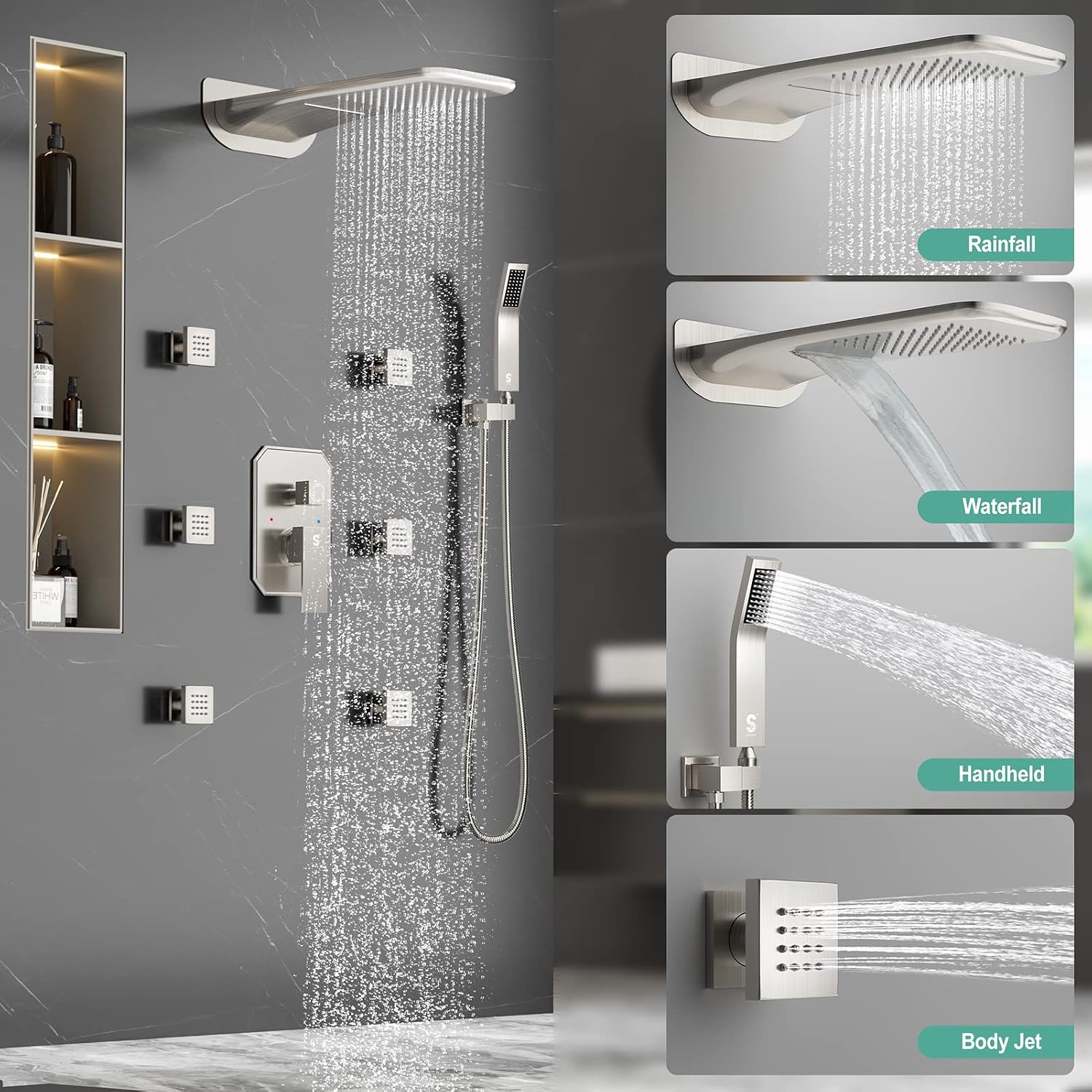 4-Function Waterfall Shower System with Body Jets, SR SUN RISE Full Body Rainfall Shower System with Handheld Shower Faucet Complete Sets, Wall Mounted Shower Fixture Set for Bathroom, Brushed Nickel