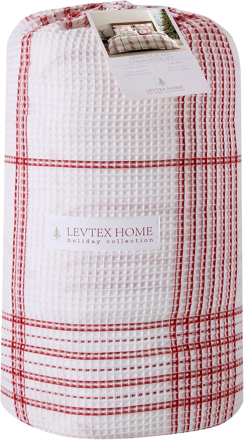 Levtex Home - Peppermint Plaid Comforter Set - Twin Comforter + One Standard Pillow Cases - Red, Cream - Waffle Plaid - Comforter (68 x 88in.) and Pillow Case (26 x 20in.) - Cotton