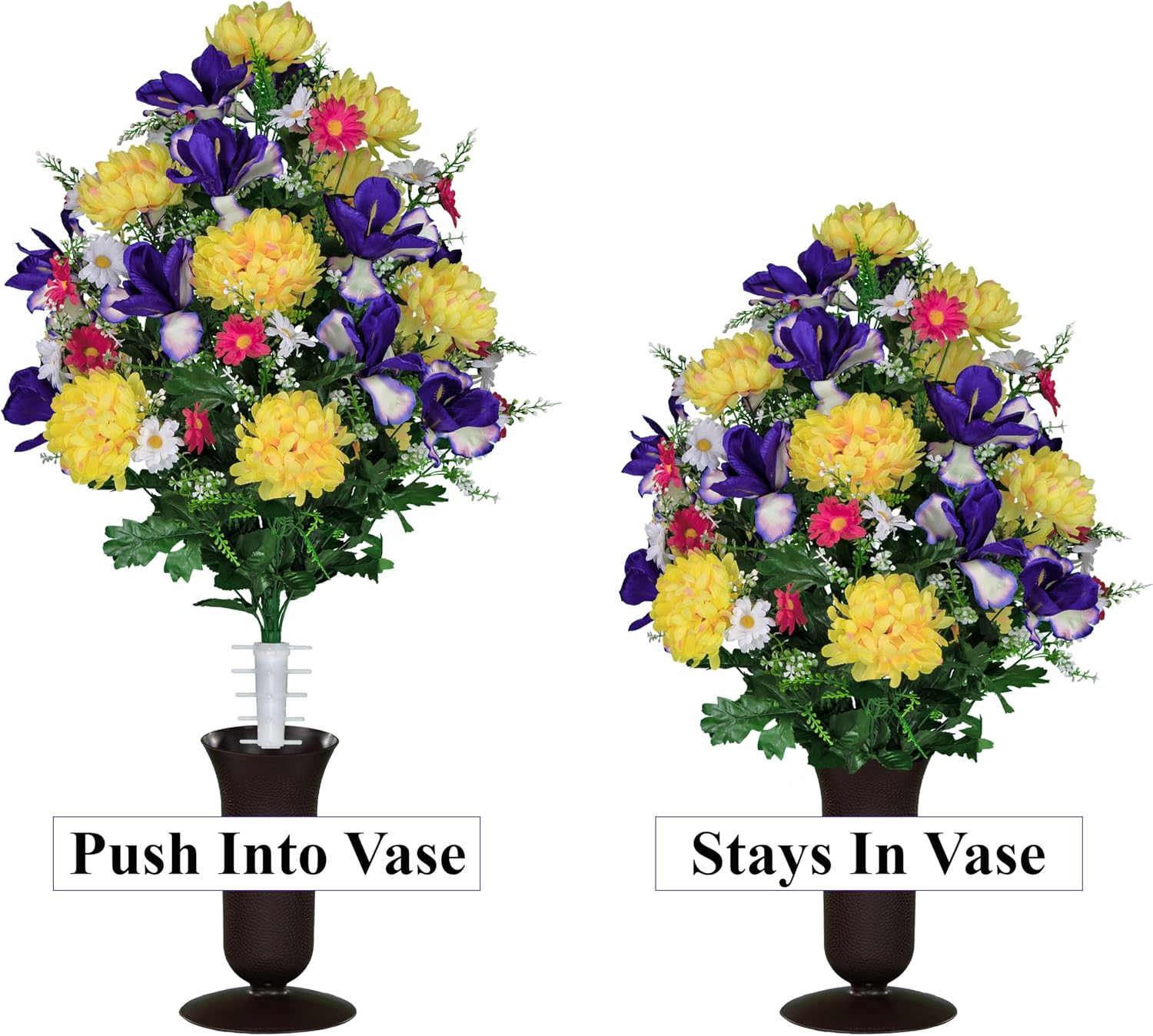 Sympathy Silks Artificial Cemetery Flowers - Grave Flower Holder - Purple Iris, Yellow Mum, Pink Daisy - (1) Headstone Flower Saddle & (2) Matching Bouquets