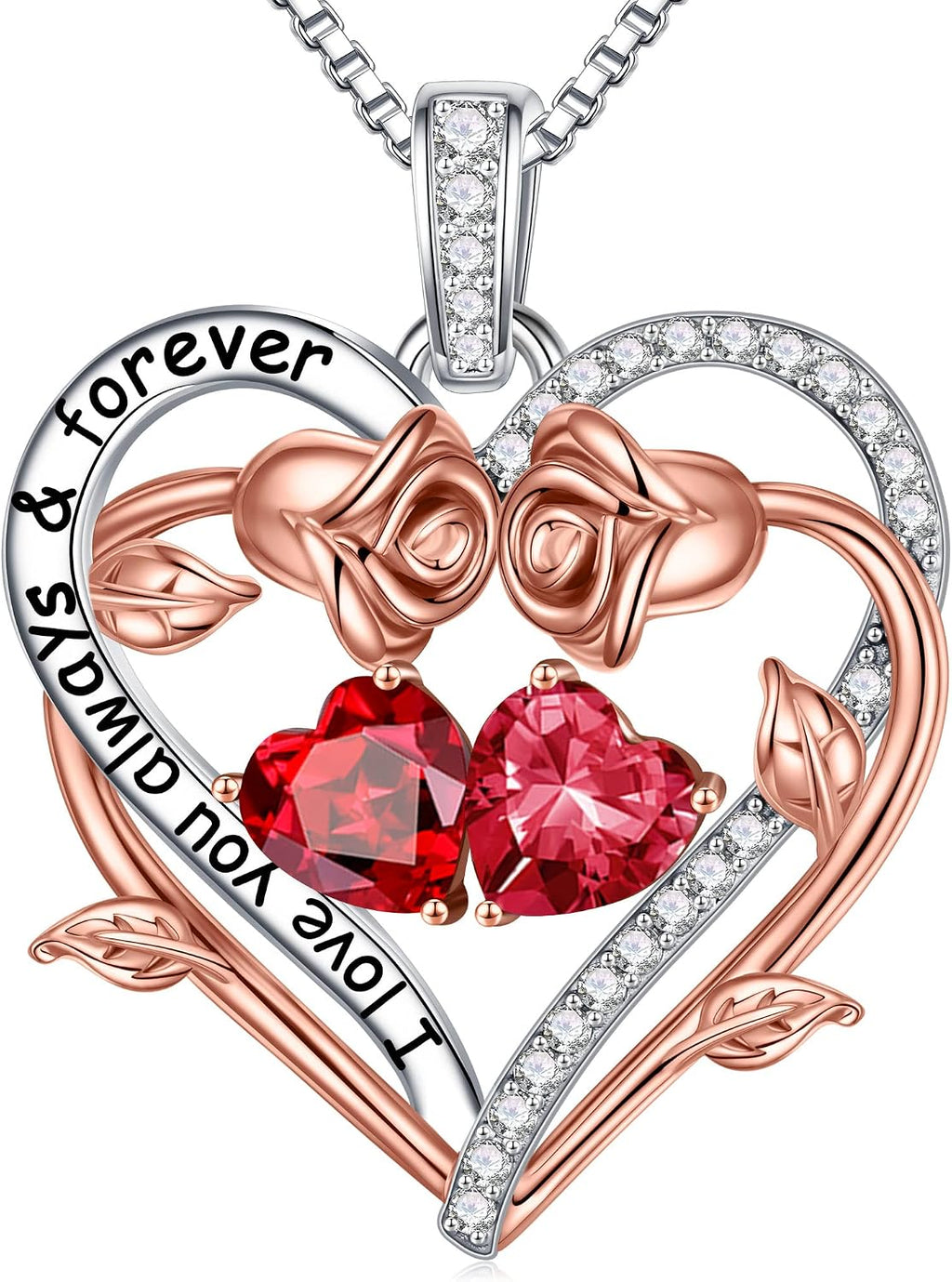 Iefil Rose Heart Double Birthstone Necklace Gifts for Wife Girlfriend Her Women, Birthstone Jewelry Gemstone Birthday Gifts for Mom Grandma Her Wife Women