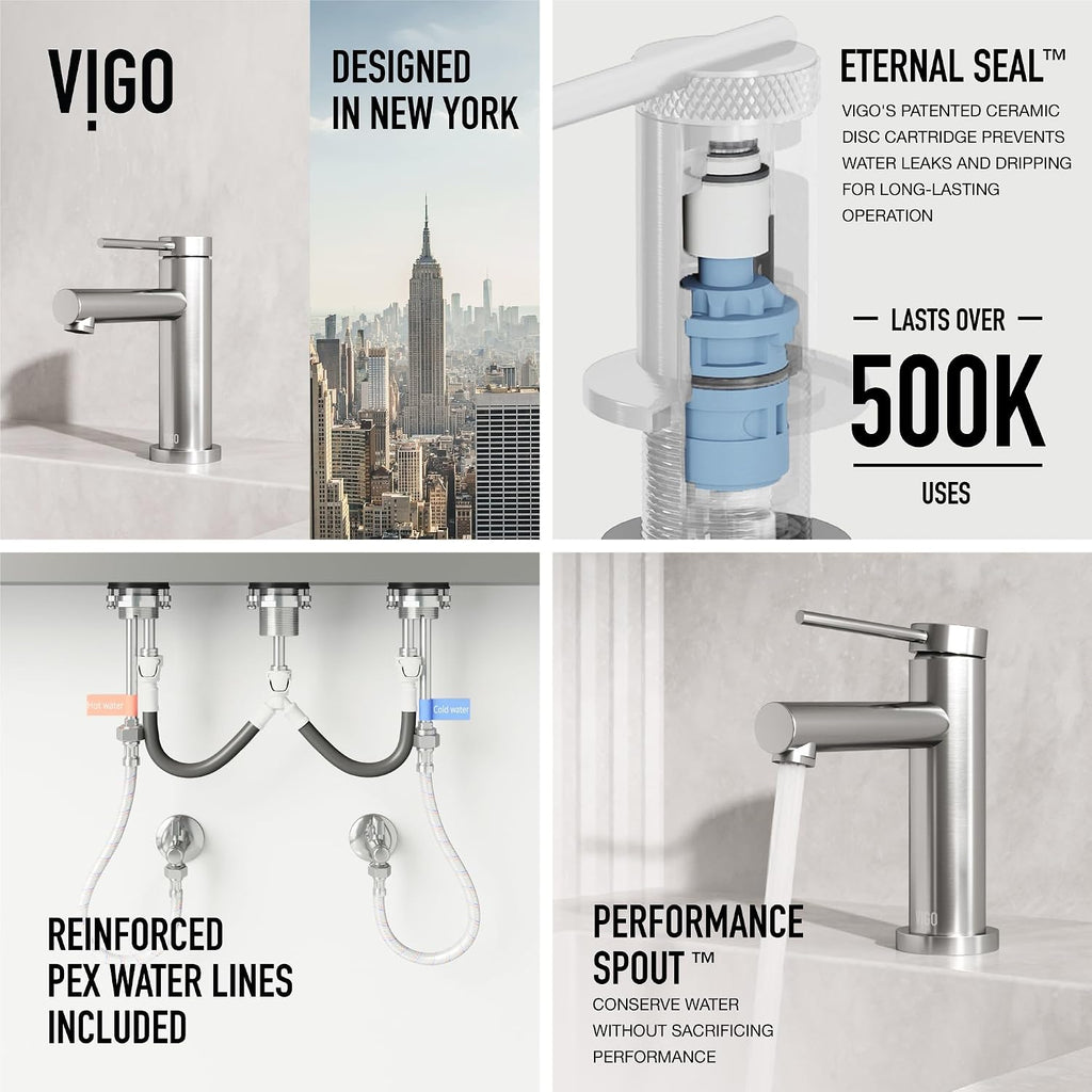 VIGO Jewel Single-Handle Single-Hole Mount Bathroom Sink Faucet, 6-Inch, Brushed Nickel, Modern Design, Solid Brass, 1.2 GPM WaterSense & Ceramic Disc Valve, Corrosion-Resistant