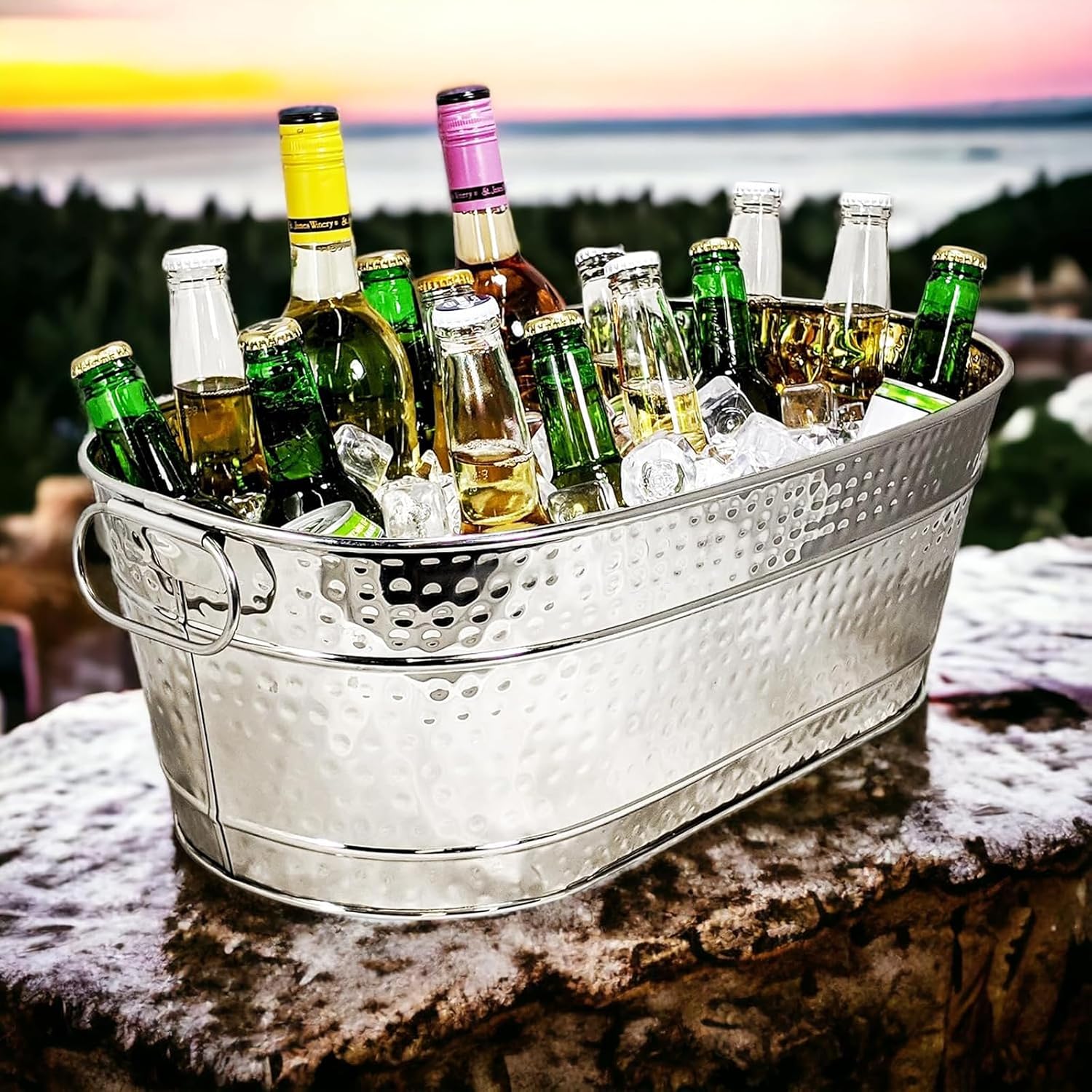 Square & Oval Galvanized Steel Ice Bucket Set of 2 | Heavy-Duty Metal Beer & Wine Coolers with Carry Handles for Outdoor Wedding, Party, Bar