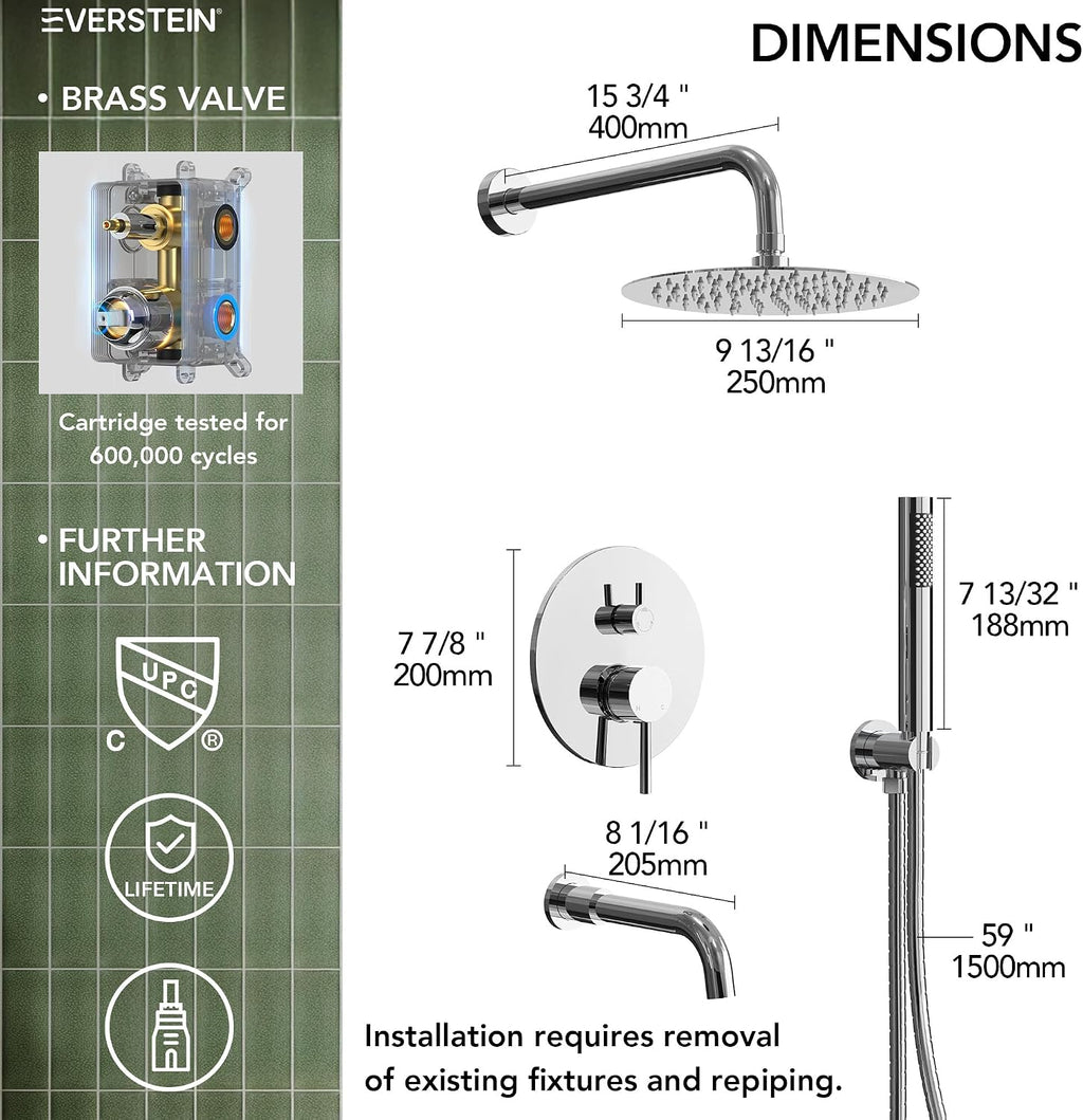 10' High-Pressure Rainfall Shower System with Handheld Spray, Wall Mount Bathroom Shower Faucet Set with Tub Spout (Chrome)