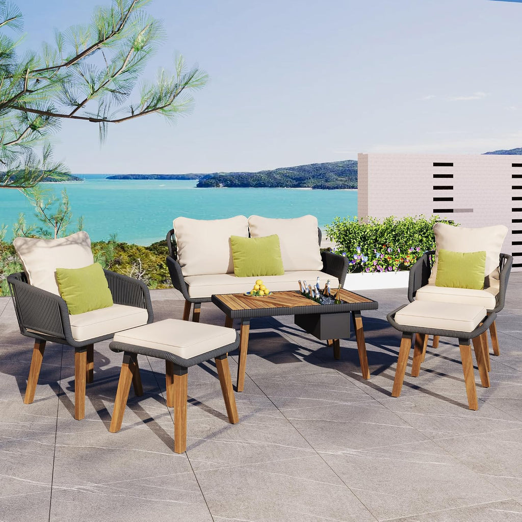 6-Piece Rope Patio Furniture Set, Outdoor Furniture With Acacia Wood Cool Bar Table With Ice Bucket , Deep Seat Patio Conversation Set With Two Stools For Backyard Porch Balcony (Black & Beige-001)