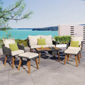 6-Piece Rope Patio Furniture Set, Outdoor Furniture With Acacia Wood Cool Bar Table With Ice Bucket , Deep Seat Patio Conversation Set With Two Stools For Backyard Porch Balcony (Black & Beige-001)